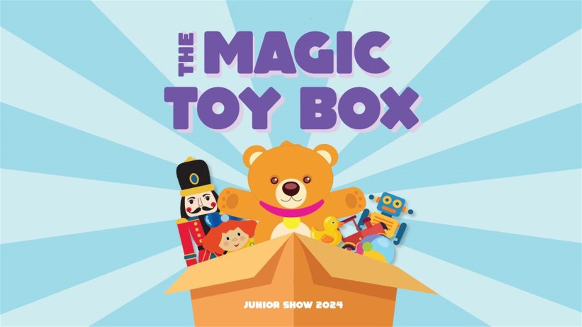 A box of toys. The text 'The Magic Toy Box' is above.