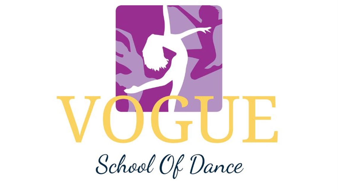 Three drawings of three female dancers positioned above the text 'Vogue School of Dance'.