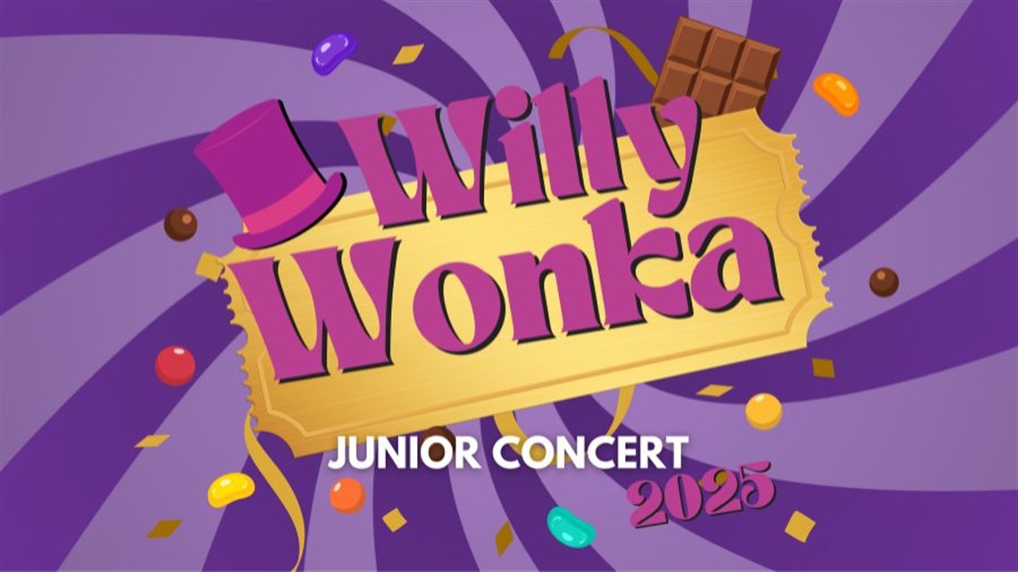 A blank golden admission ticket lies in the centre of a purple swirling background. Over the ticket are the words Willy Wonka with a black top hat on top. 