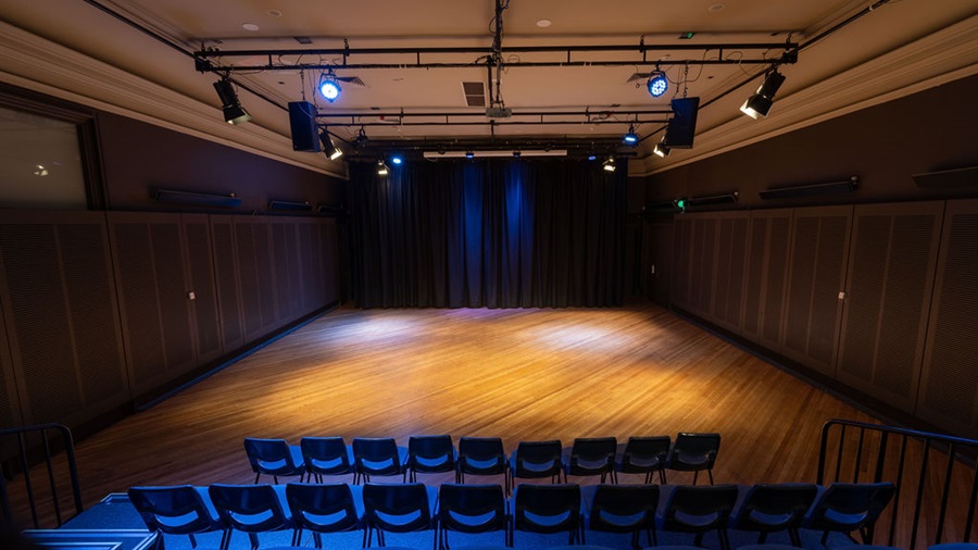 The East Wing black box theatre space at Northcote Town Hall Arts Centre from the view of the audience seats