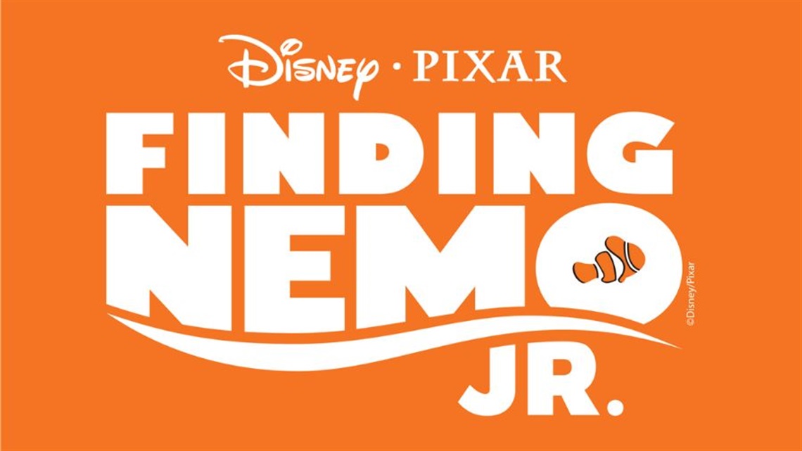 Overlayed on an orange background, the words Disney's Pixar Finding Nemo logo