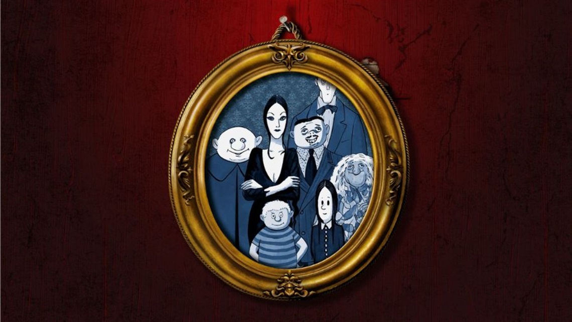 A cartoon drawing of a family portrait featuring a gothic-looking family of four: mother, father, son and daughter. They are centred in a circular frame that is hanging from a maroon wall.